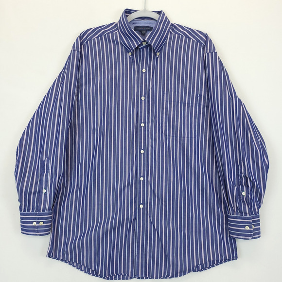 Tommy Hilfiger Button Down Shirt Striped Men L 16-16.5 32/33 Blue Long Sleeve - Picture 1 of 12